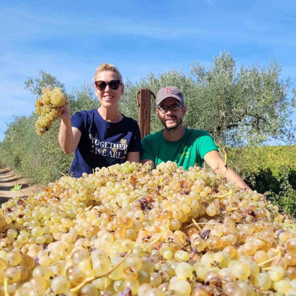 Photo de Jenia et Thibaud Vermillard derrière du raisin coupé.